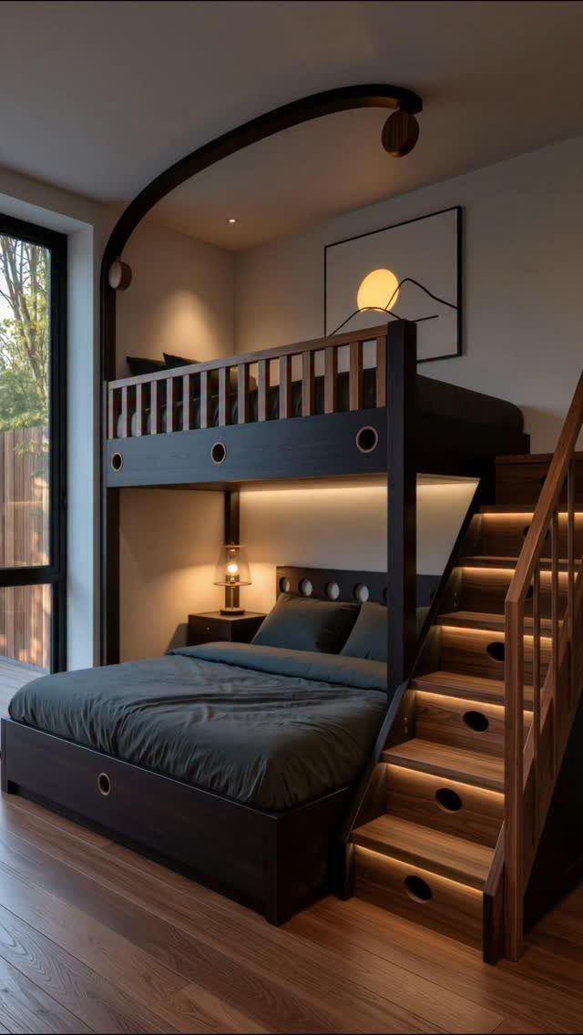 Modern dark wood bunk bed with integrated warm LED lighting and stairs.
