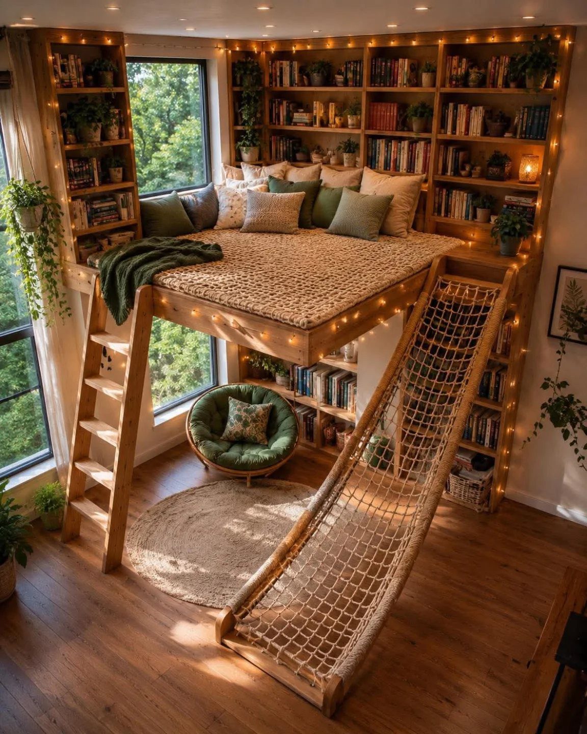 Wooden loft bed with a cozy reading area and papasan chair underneath.