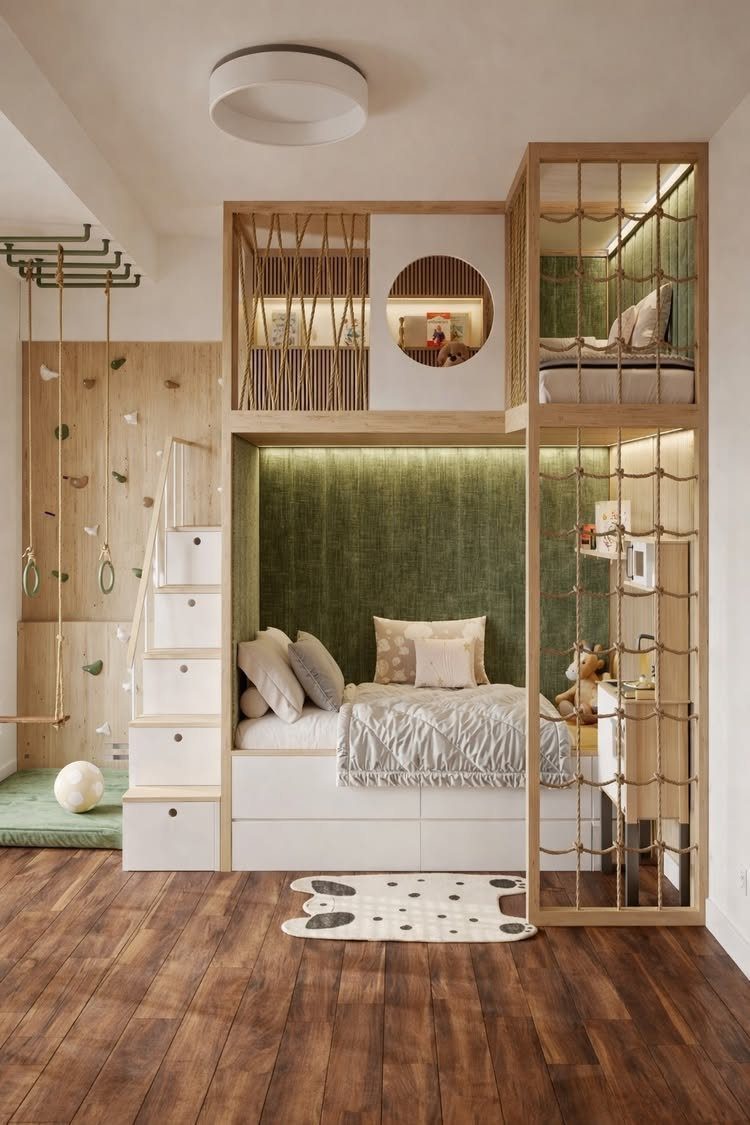 Modern wooden bunk bed with a cozy reading nook and integrated storage stairs.