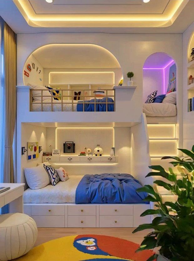 White built-in bunk beds in a wall niche with integrated lighting and storage.