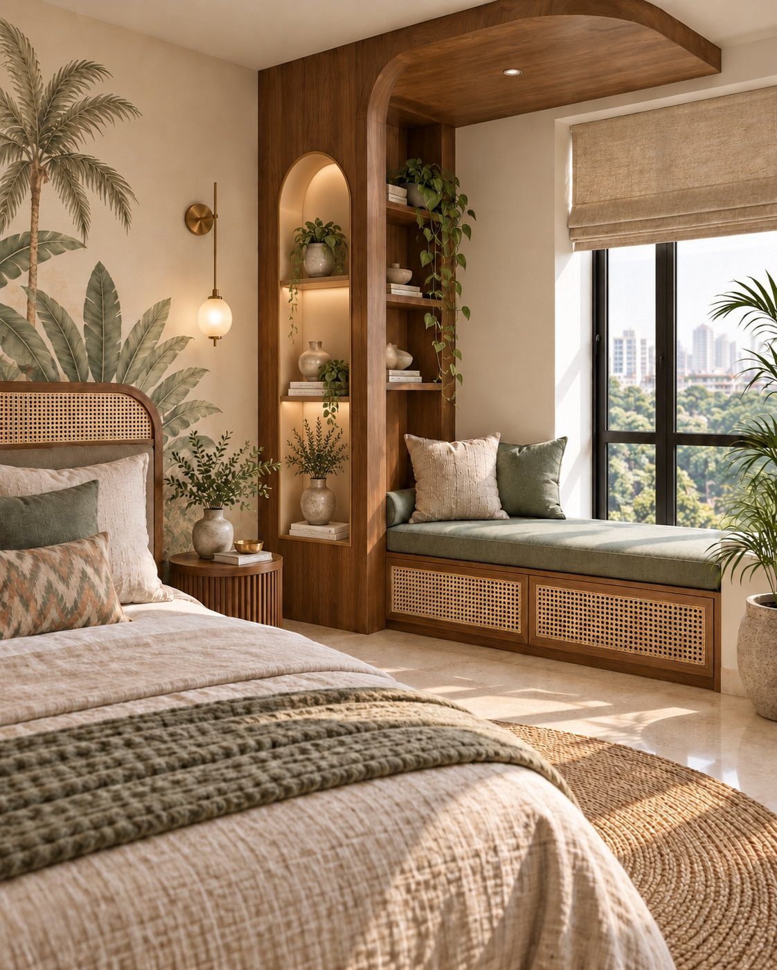 Bamboo shades on a bedroom window next to a wooden window seat.