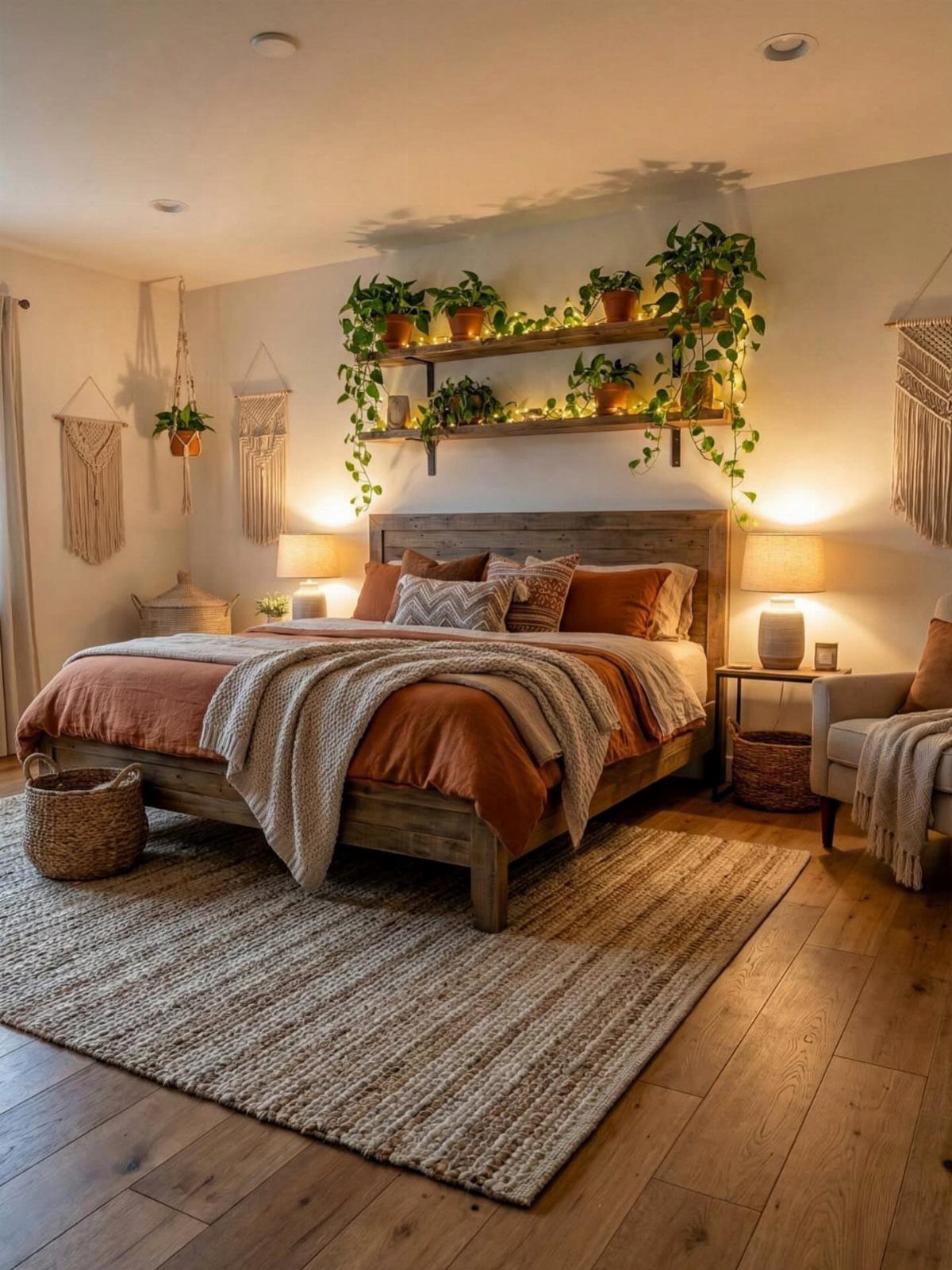 Wooden floating shelves with potted plants and string lights above a bed headboard.