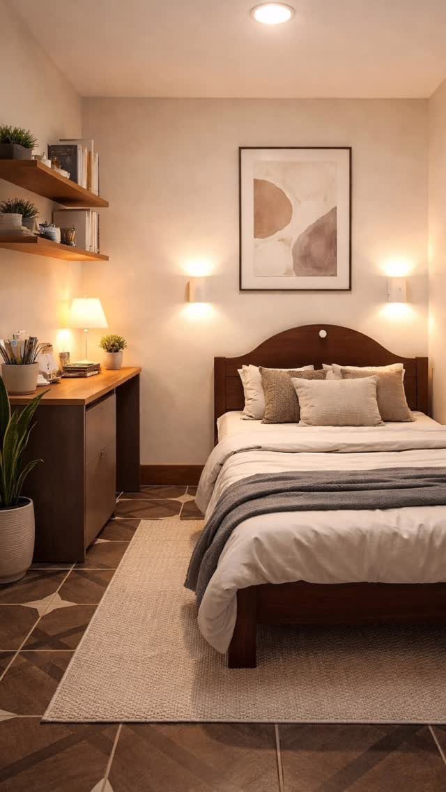 Bed with abstract art above it and floating shelves on the side wall.