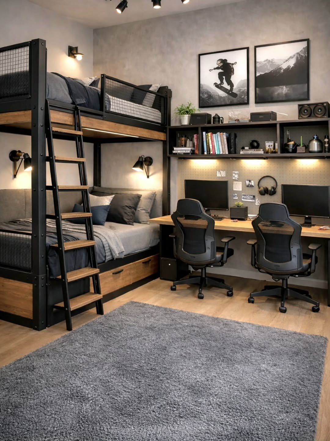 Black metal bunk bed with integrated wooden desk and two office chairs in bedroom