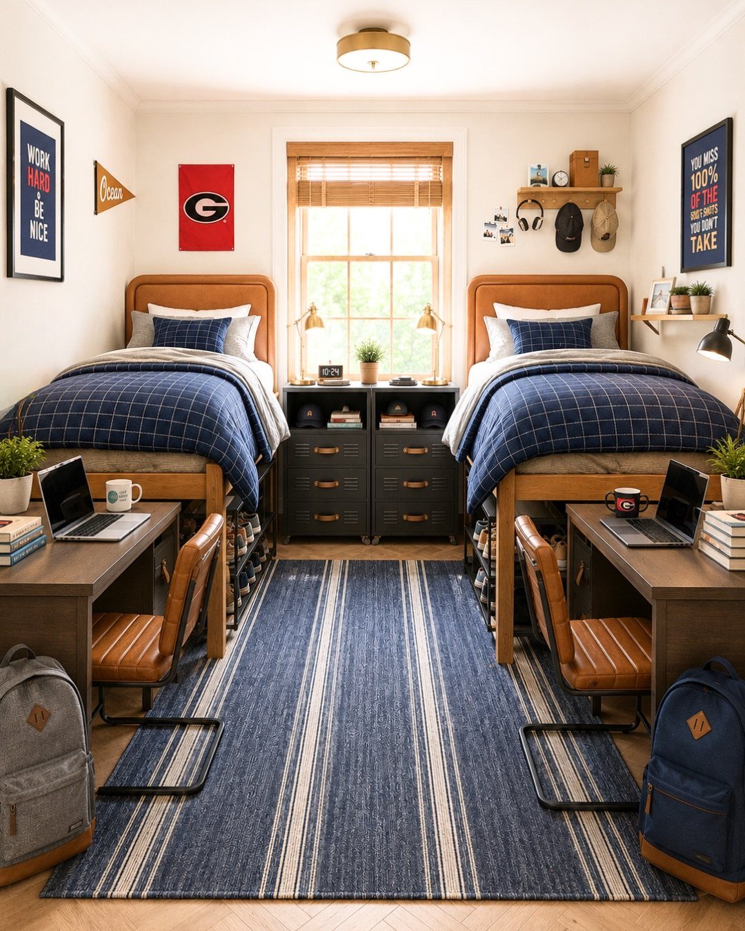 Dorm room with two twin beds, desks, and a blue striped area rug.
