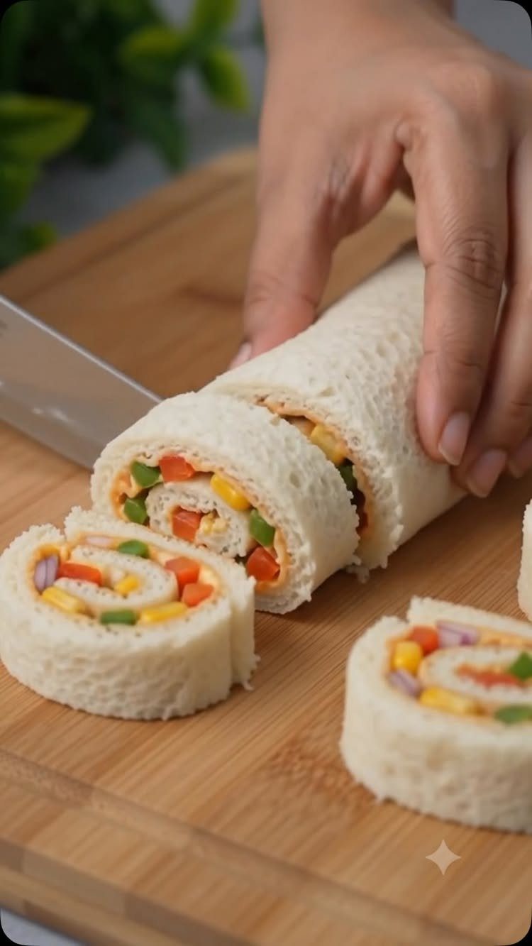 Pinwheel sandwiches with colorful vegetable fillings on a wooden cutting board.