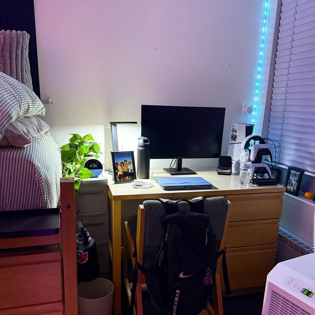 Wooden desk setup with monitor, laptop, and plant in a dorm room