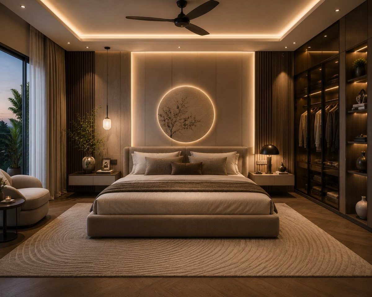 Modern bedroom with warm ambient lighting, including a pendant lamp and bedside lamp.