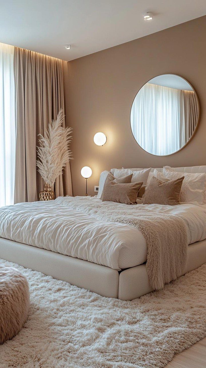Modern bedroom with taupe walls, white bedding, and a fluffy cream area rug.
