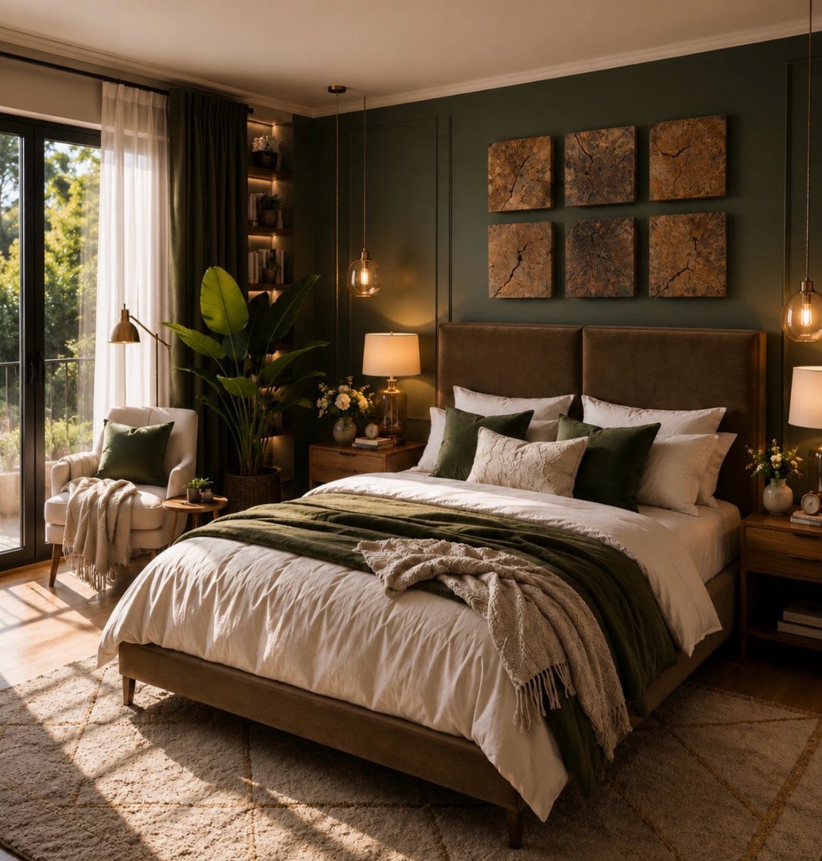 Cream armchair with green pillow in a bedroom with olive green walls.