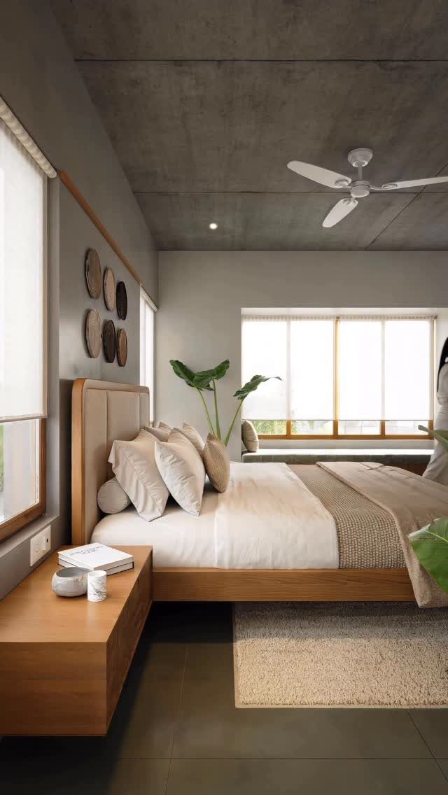 Modern bedroom with concrete ceiling, wooden bed, beige linens, and a jute rug.