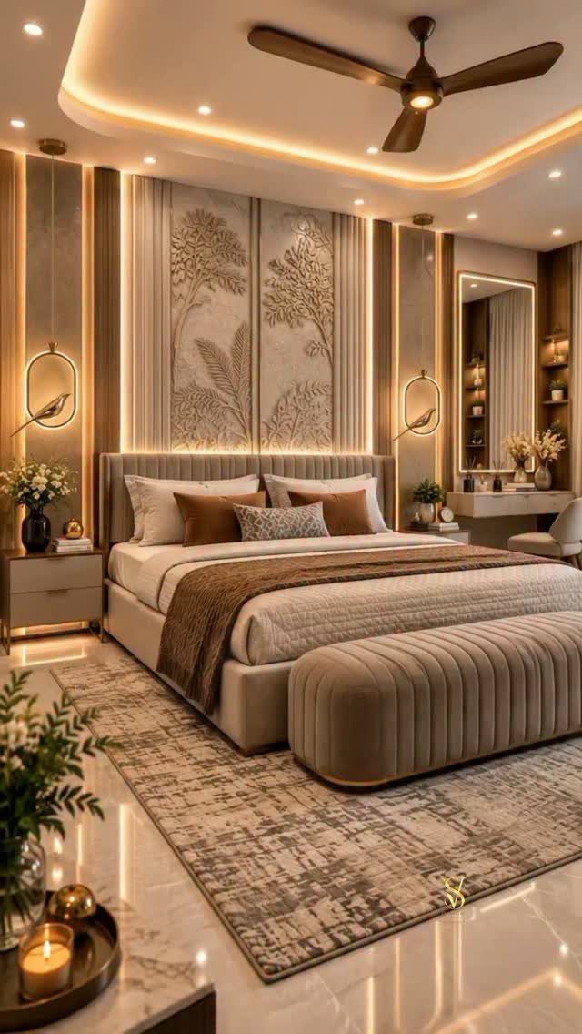 Luxurious bedroom with beige bedding, wood paneling, and warm ambient lighting.