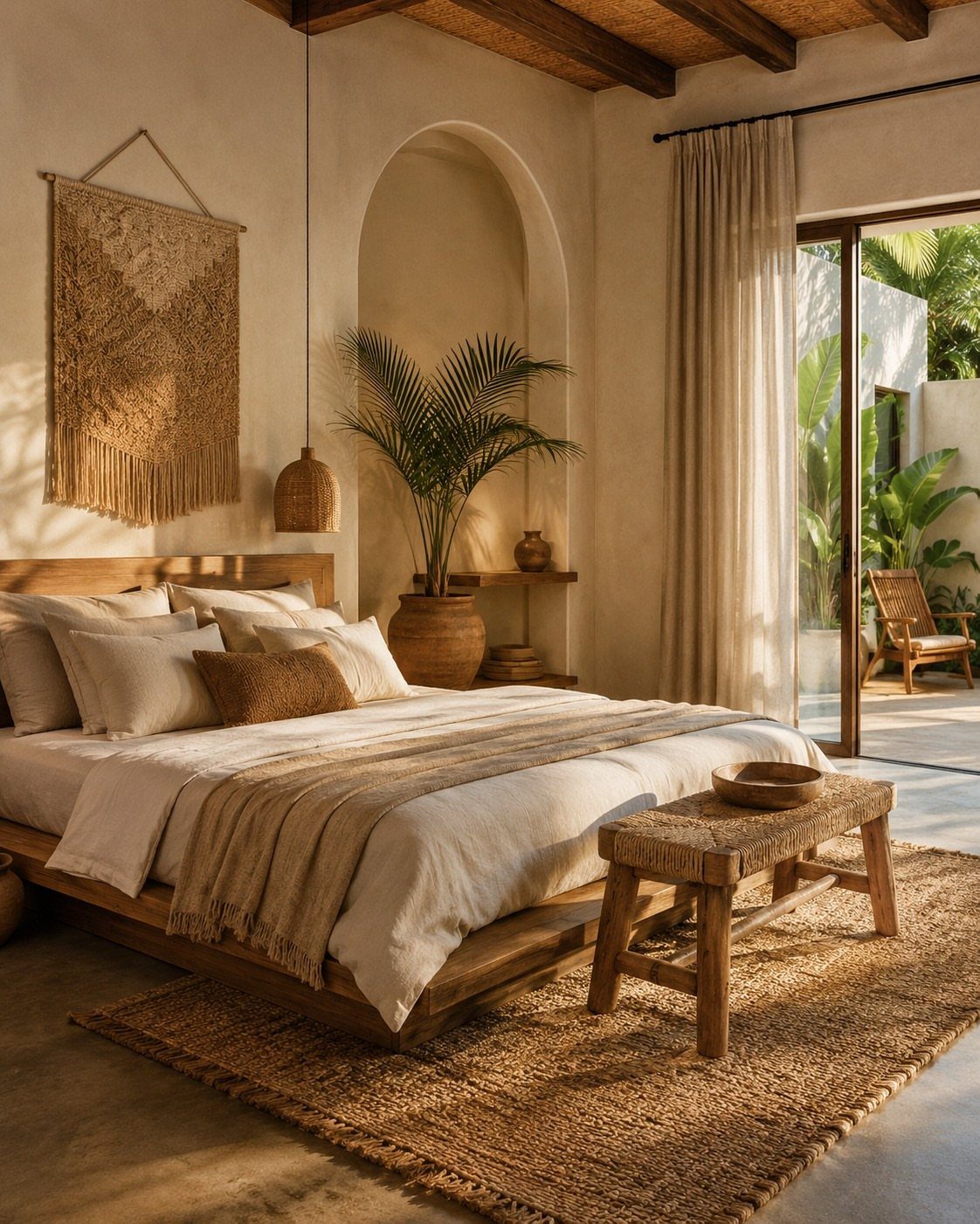 Boho chic bedroom with cream bedding, jute rug, and natural wooden furniture.