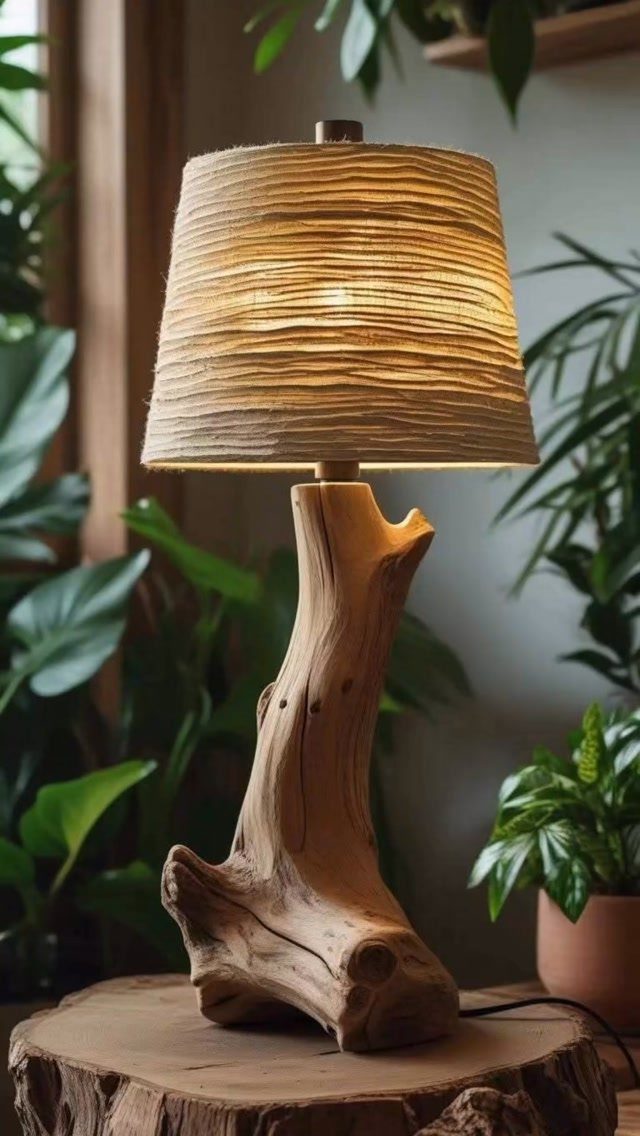 Driftwood table lamp with a textured beige shade surrounded by green indoor plants