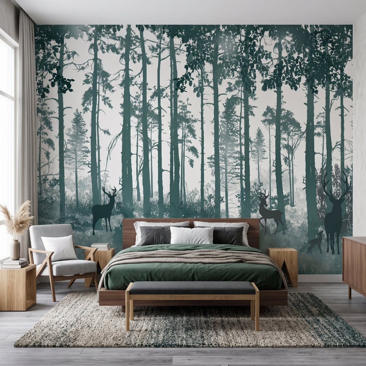 Bedroom with a large forest mural featuring deer silhouettes on the main wall.