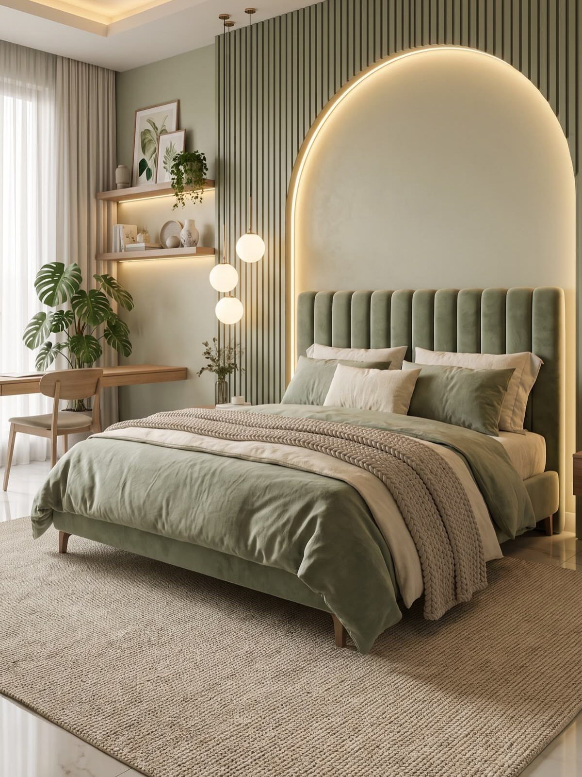 Olive green bed and headboard in a bedroom with sage green paneled walls.