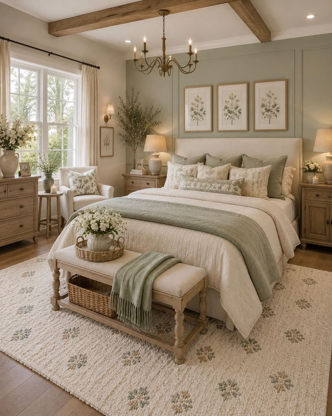Sage green paneled bedroom with white bedding, wooden beams, and a patterned rug.
