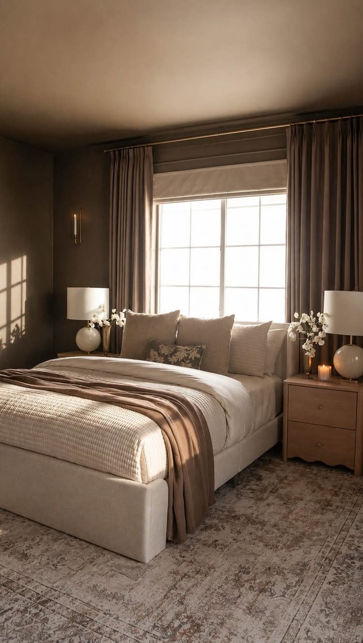 Bedroom with chocolate brown walls, curtains, and a brown throw on beige bedding.