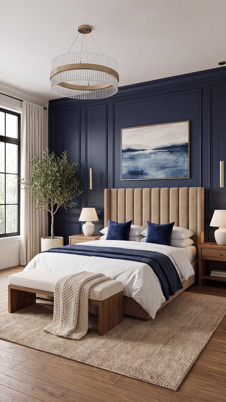 Navy blue paneled accent wall in a modern bedroom with a beige headboard.