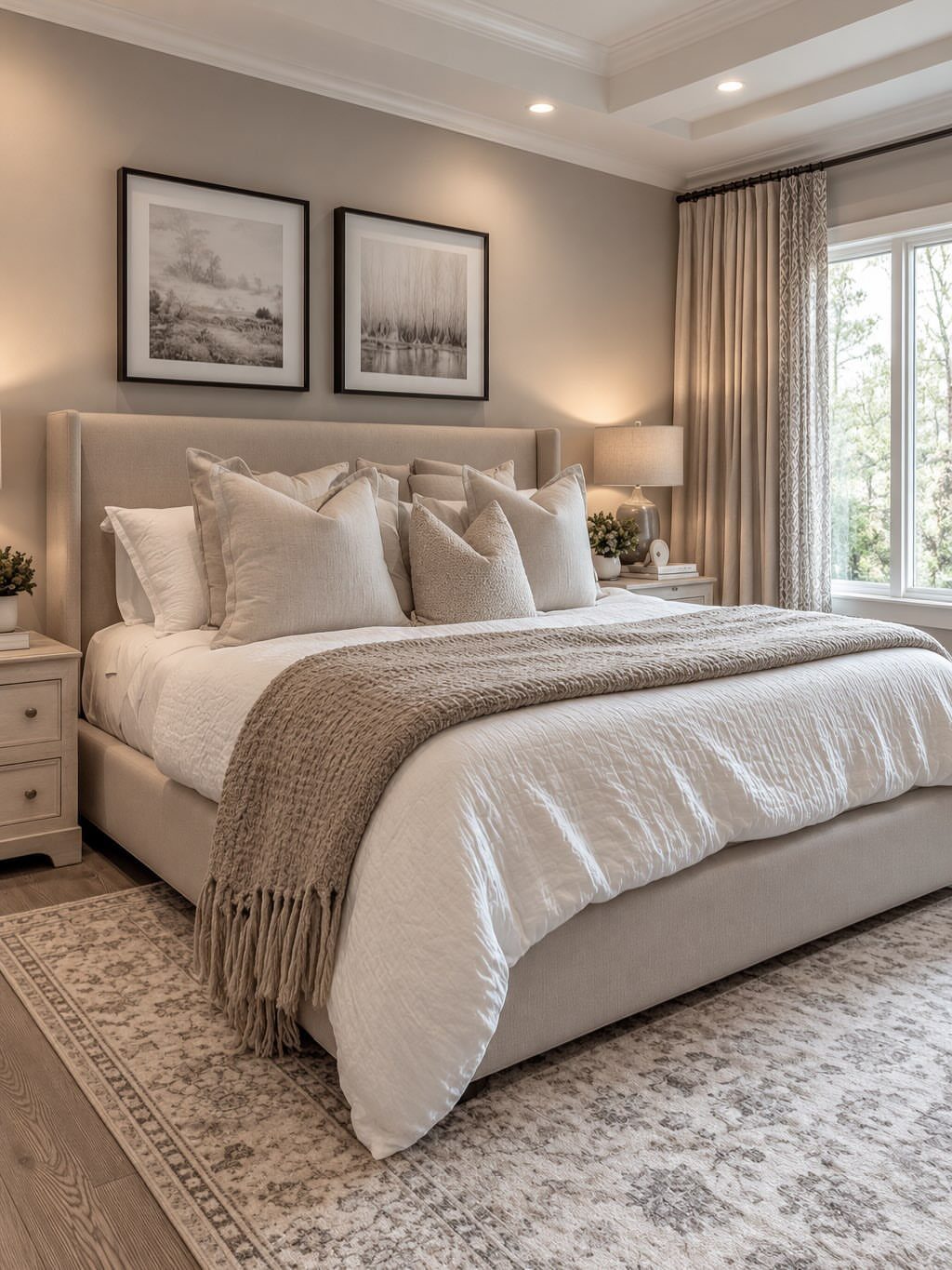 Beige and taupe bedroom with white bedding, neutral walls, and a patterned rug.
