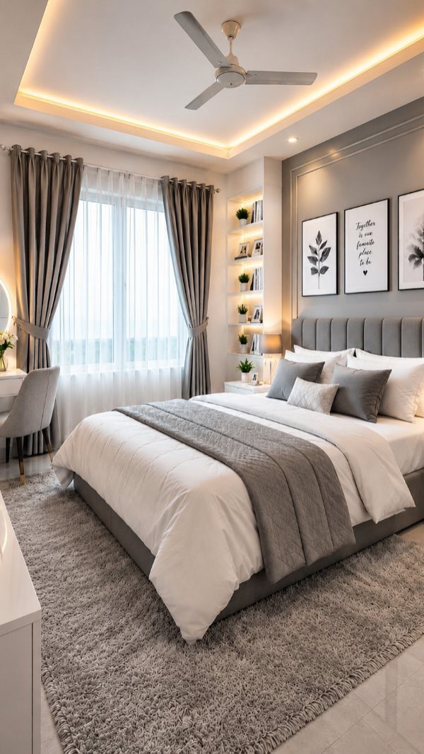 Modern bedroom with a grey and white color palette and warm ceiling lighting.