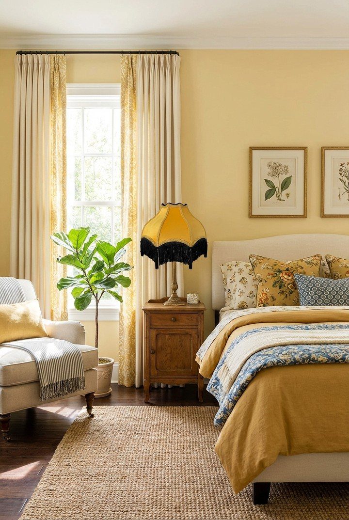 Bedroom with pale yellow walls, mustard yellow bedding, and a yellow lampshade.