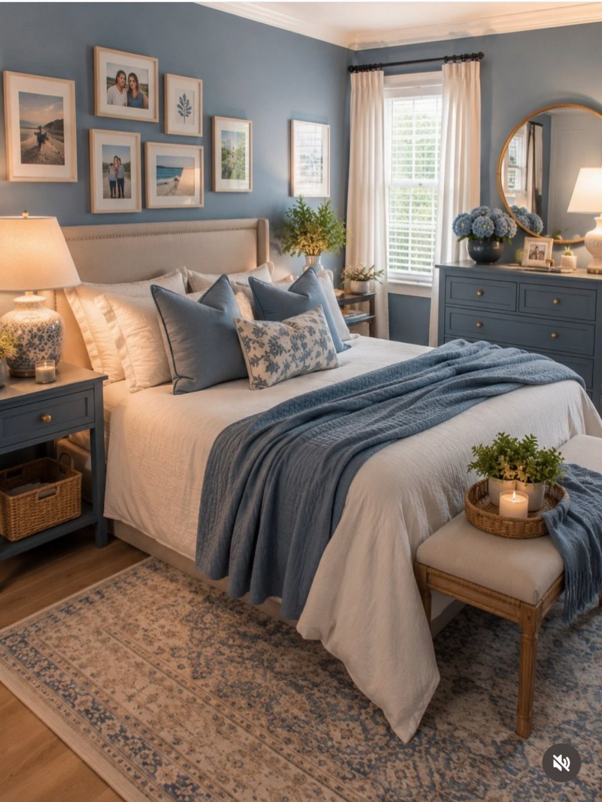 Pale blue bedroom with matching blue bedding, furniture, and walls for a peaceful atmosphere.