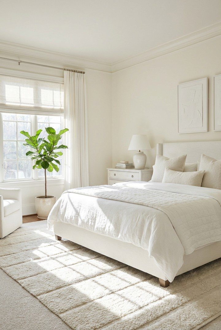 White bedroom with white walls, bedding, and rug featuring a green potted plant.