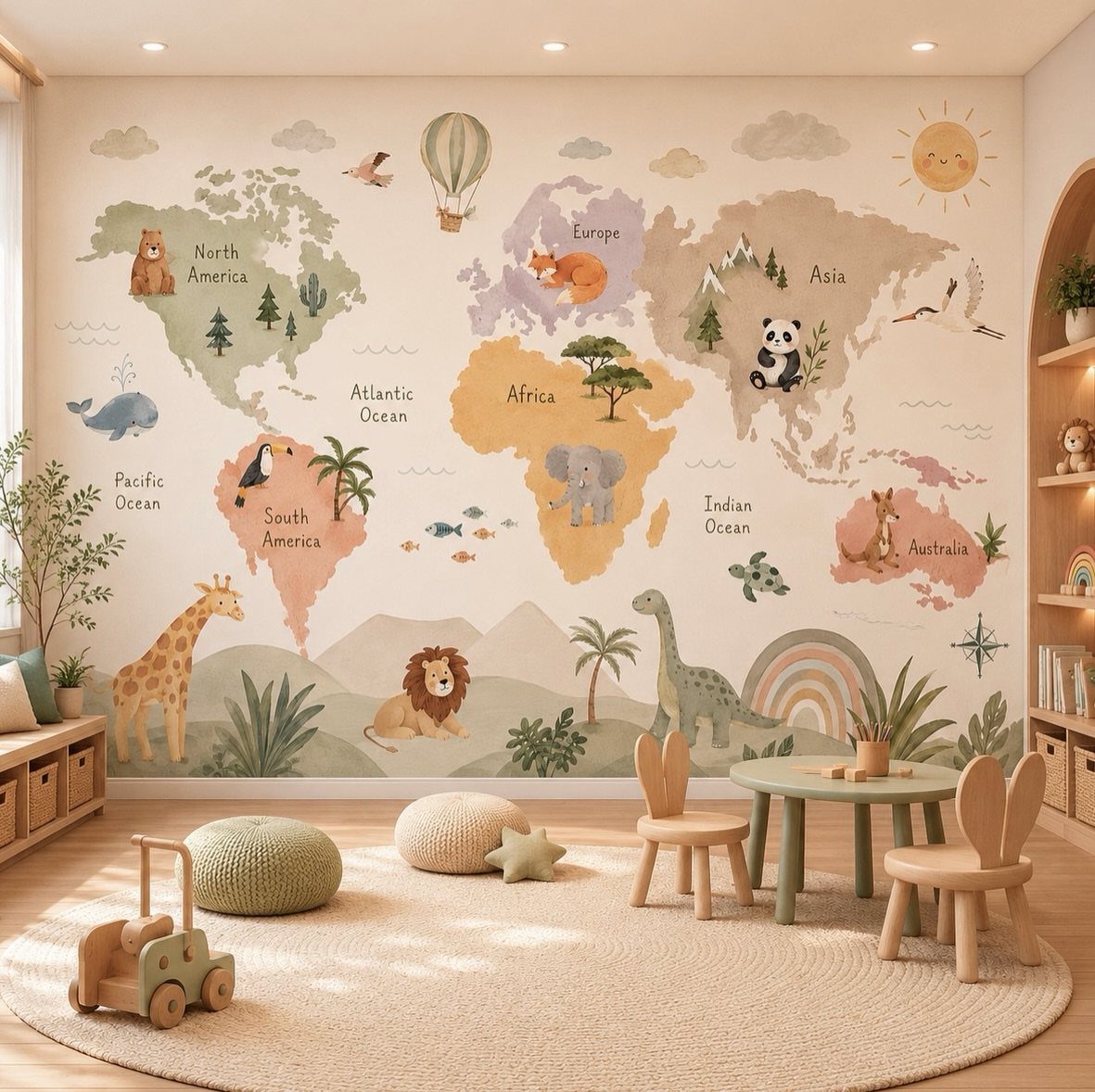 Nursery with a world map mural, wooden bunny chairs, and neutral decor.