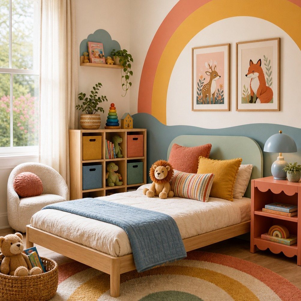 Child's bedroom with rainbow wall mural, colorful storage bins, and animal art prints.