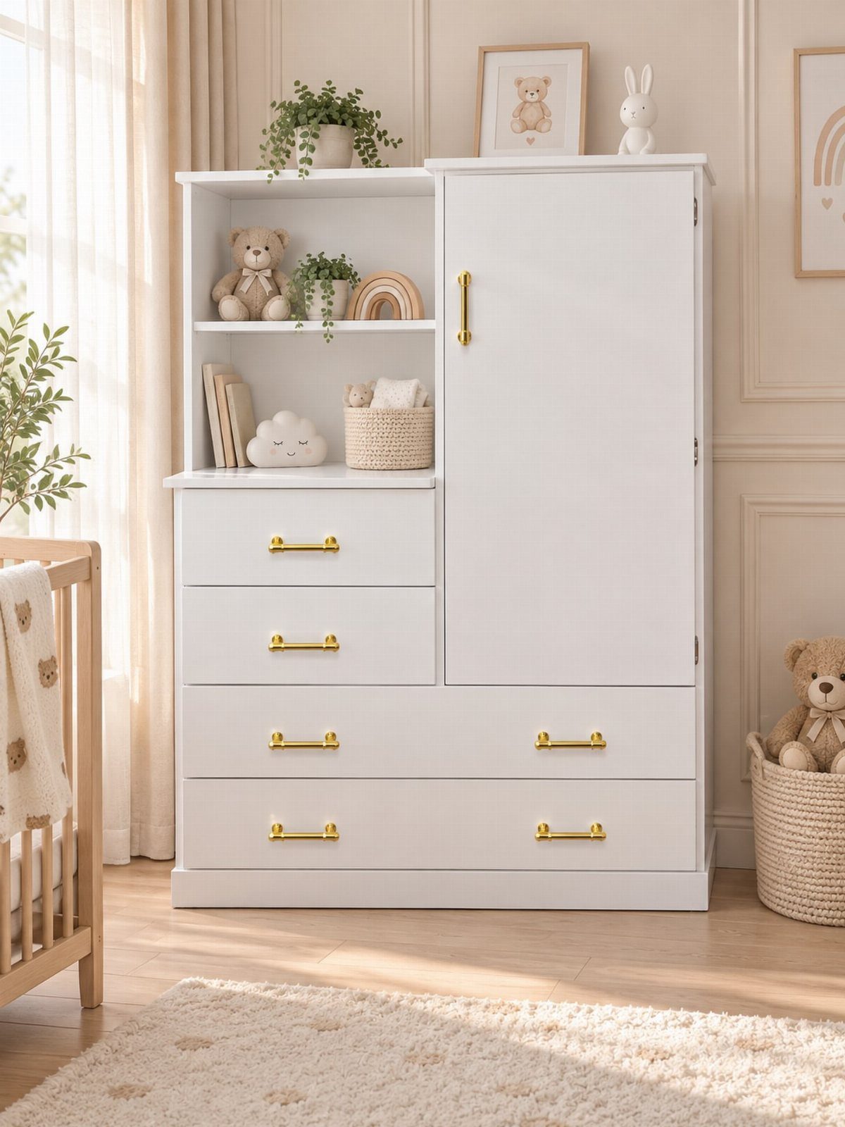 White nursery dresser and wardrobe with gold handles in a bright, neutral room.