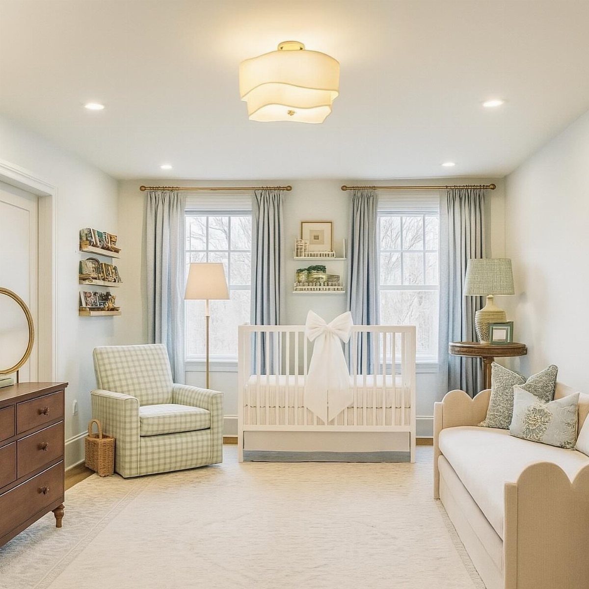 Bright nursery featuring a white crib, checkered armchair, and large cream area rug.