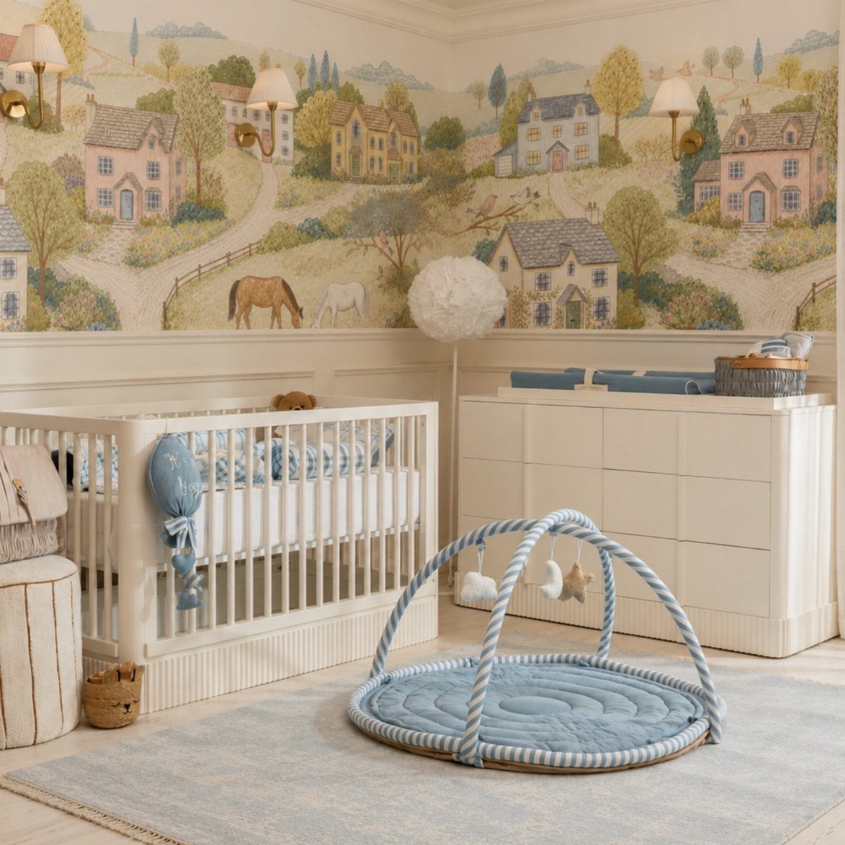 Nursery with white furniture, blue accents, and a pastoral landscape wall mural.