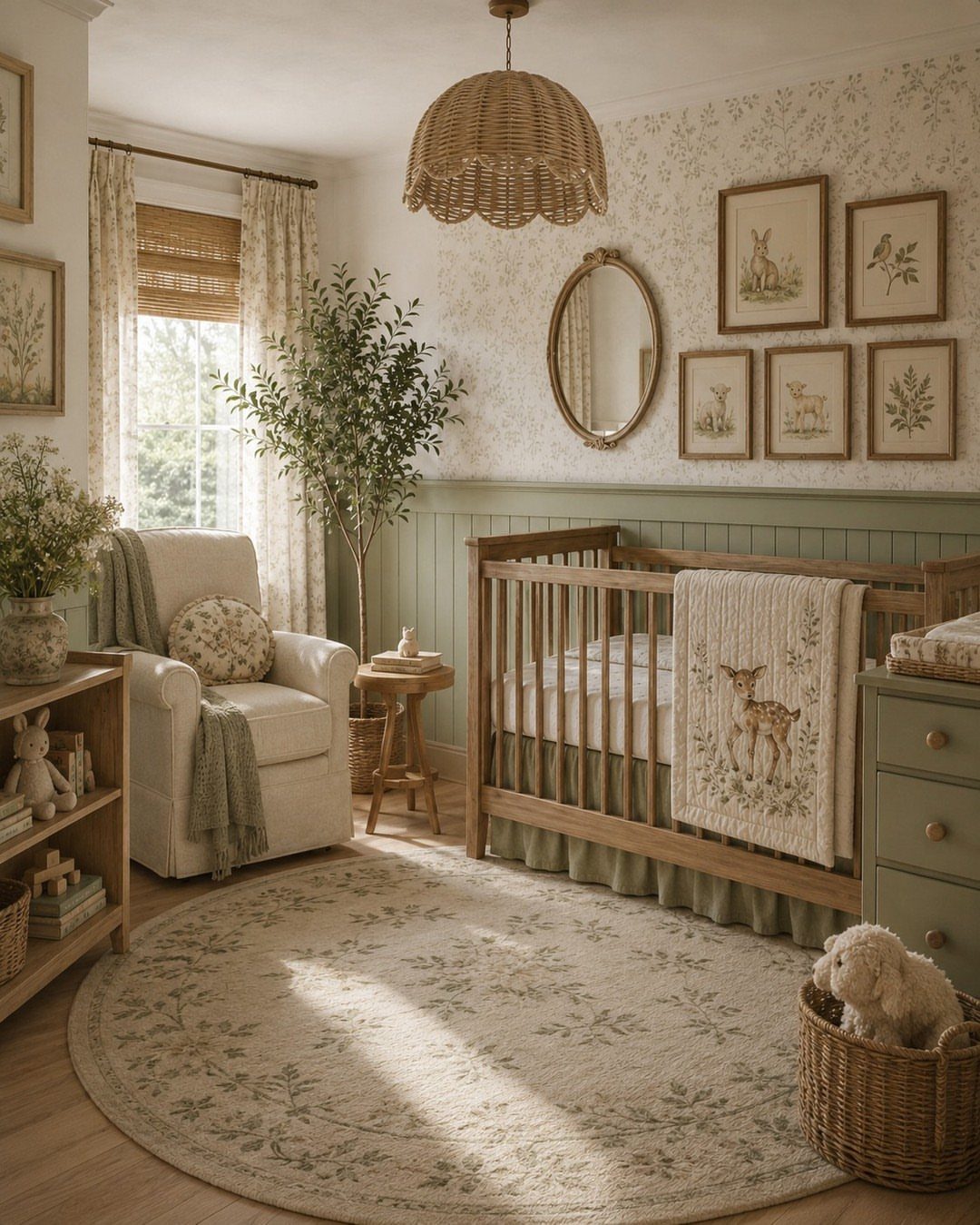 Woodland themed nursery with animal prints, green accents, and a wooden crib.