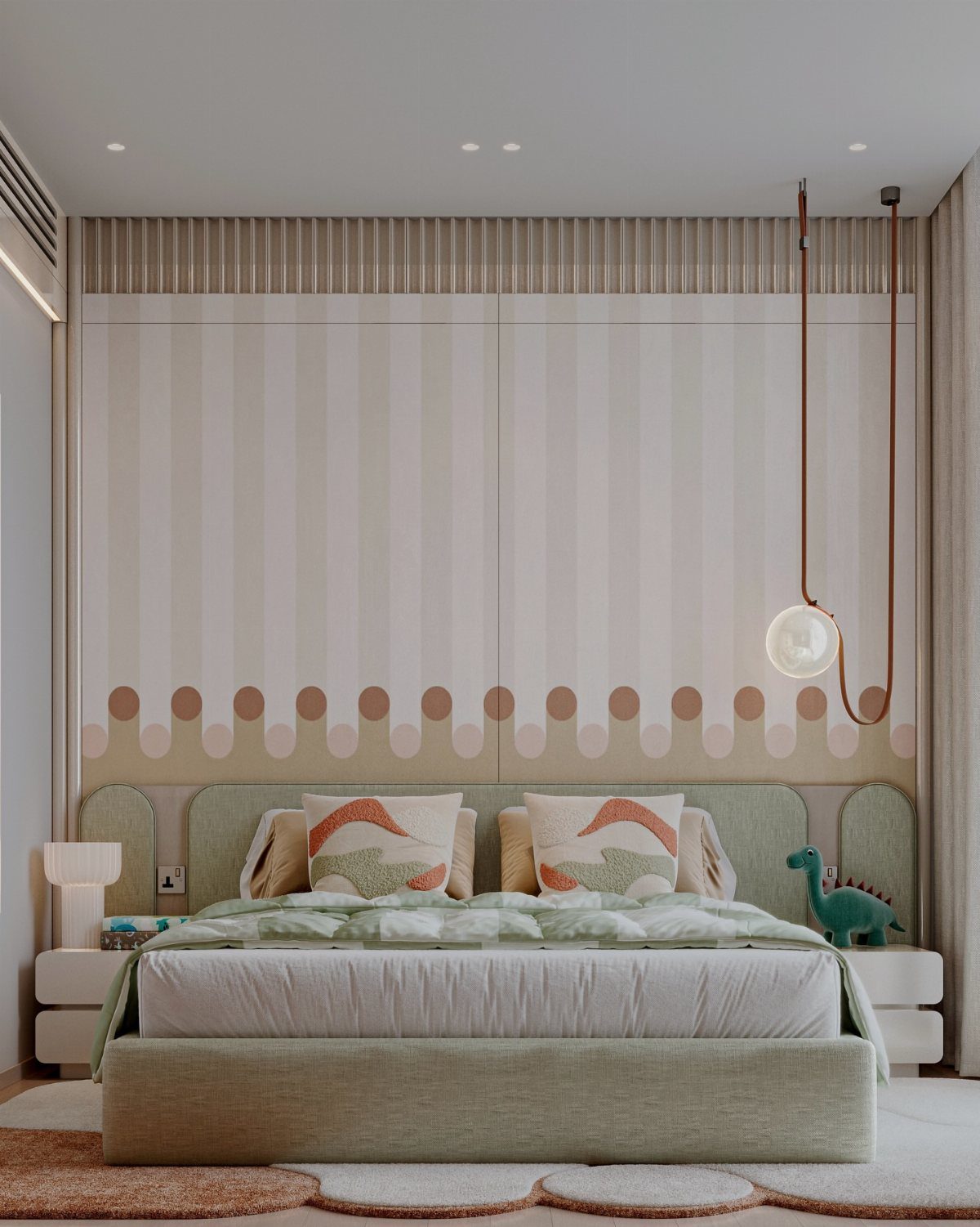 Sage green upholstered headboard and bed frame in a modern white and beige bedroom