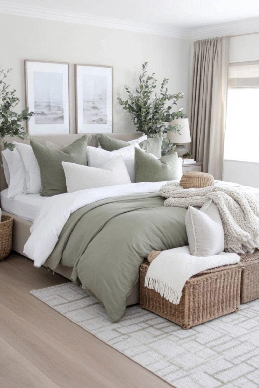 Bed with sage green and white linens, wicker chests, and botanical accents.