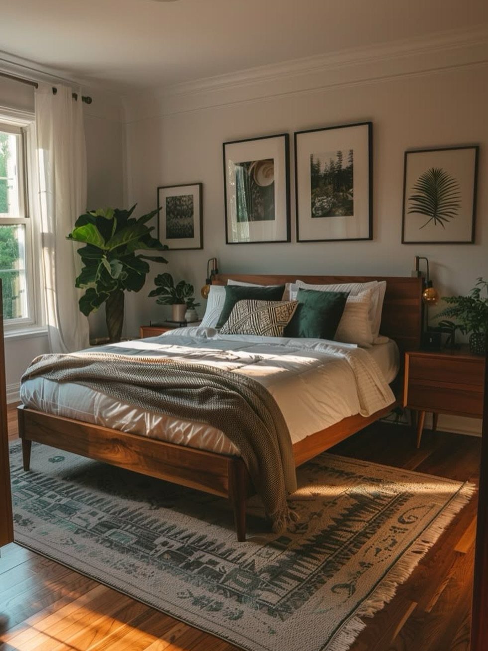 Wooden bed frame with white linens and green pillows in a bright bedroom