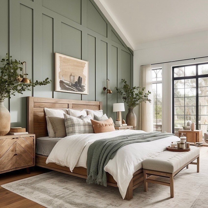 Sage green paneled bedroom walls with a wooden bed and white linens.