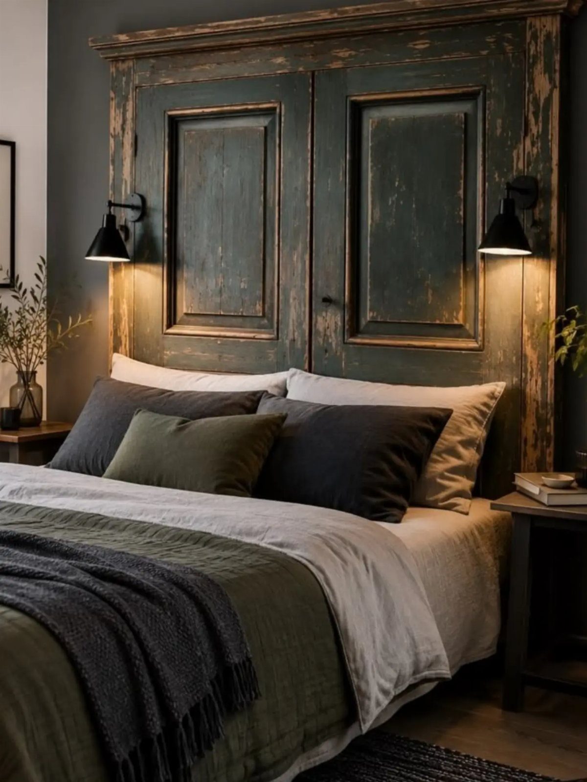 Weathered green vintage double door used as a headboard behind a bed.