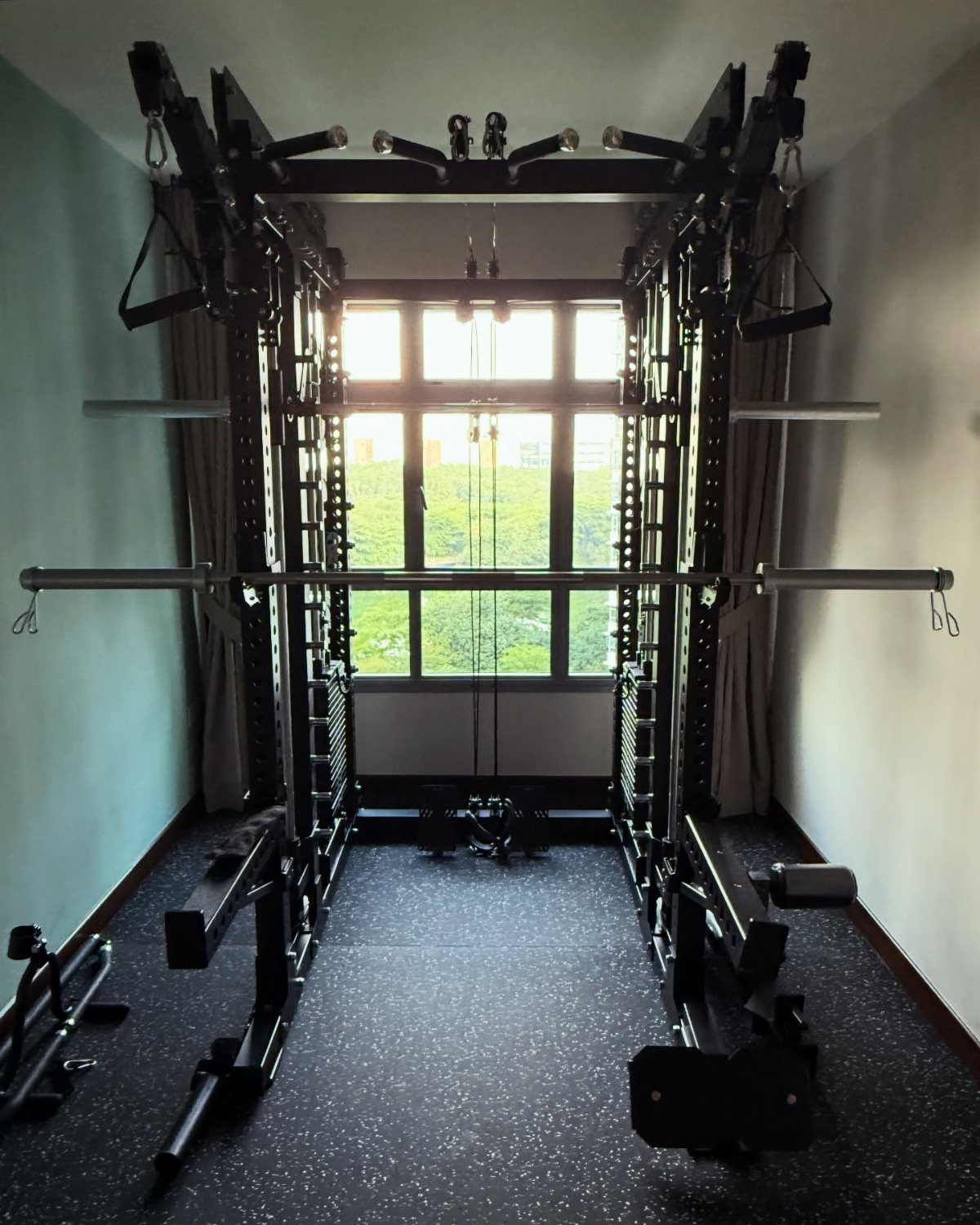 Black metal power rack and weight benches in a home gym with window view