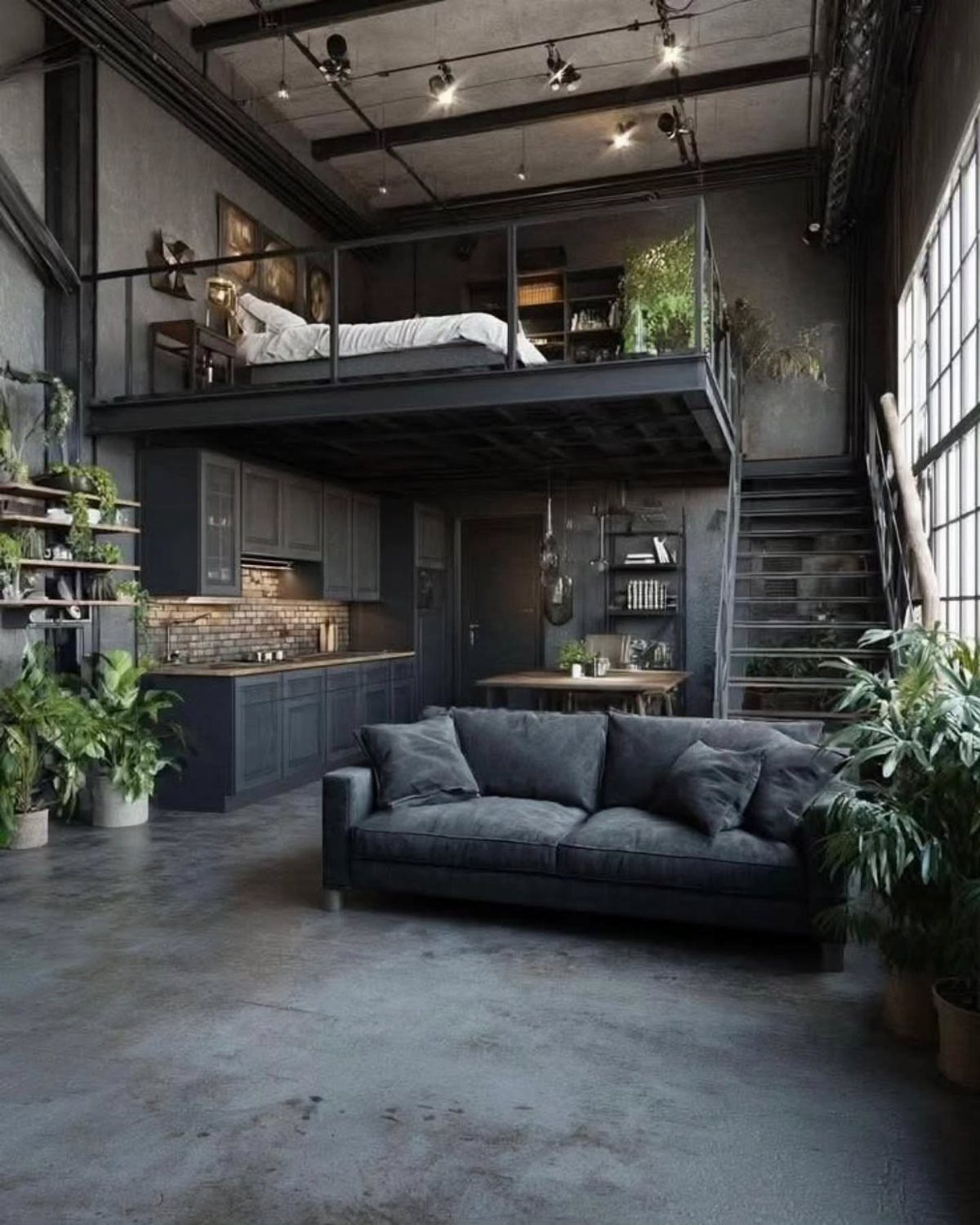 Industrial loft apartment featuring a black loft bed above a modern living area.