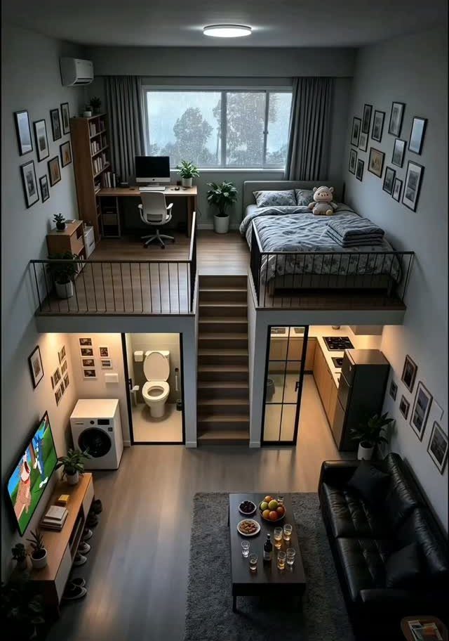 Lounge area with black leather sofa and TV under a loft bed setup.