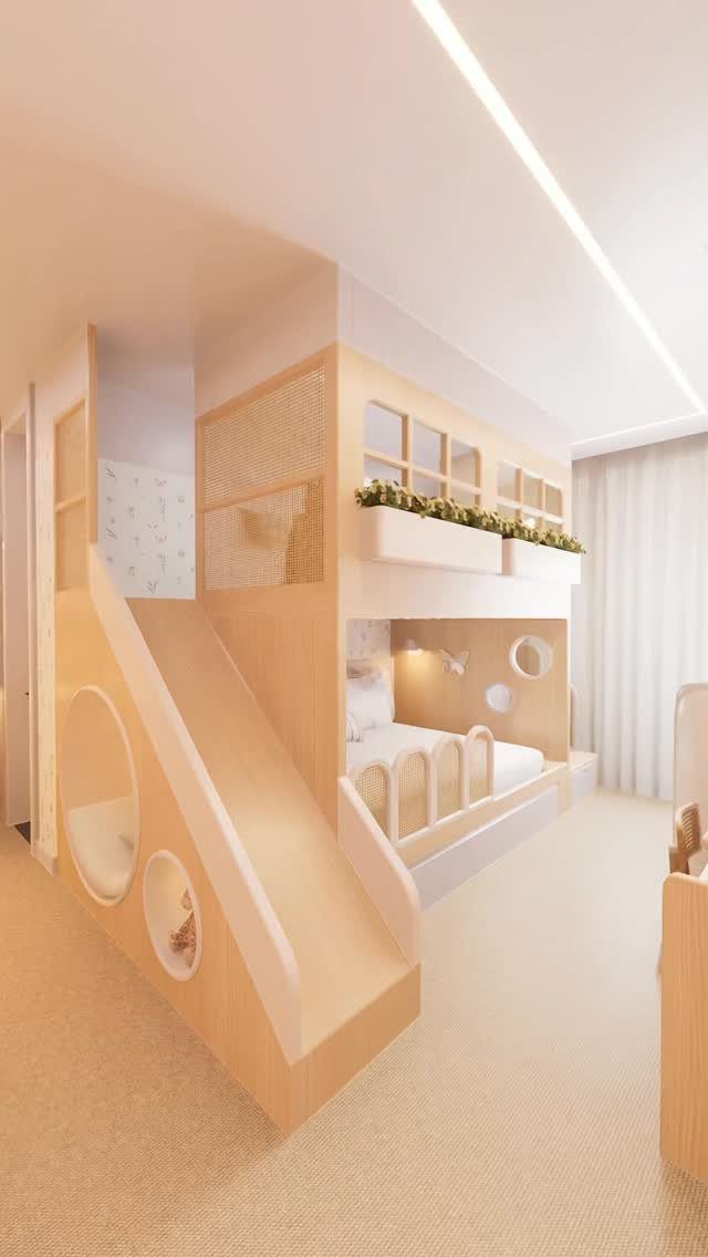 Wooden loft bed with a built-in slide and circular play portals underneath.