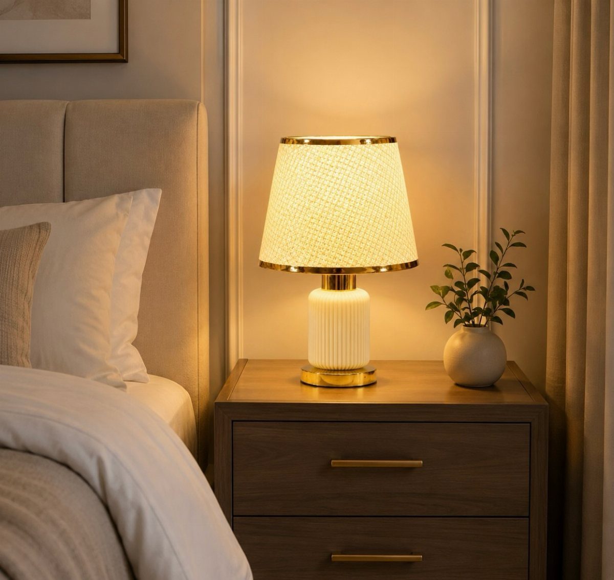 Bedside table lamp with white shade and gold base on a wooden nightstand.