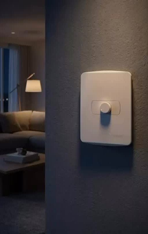 White rotary dimmer switch on a grey wall with a blurred living room background