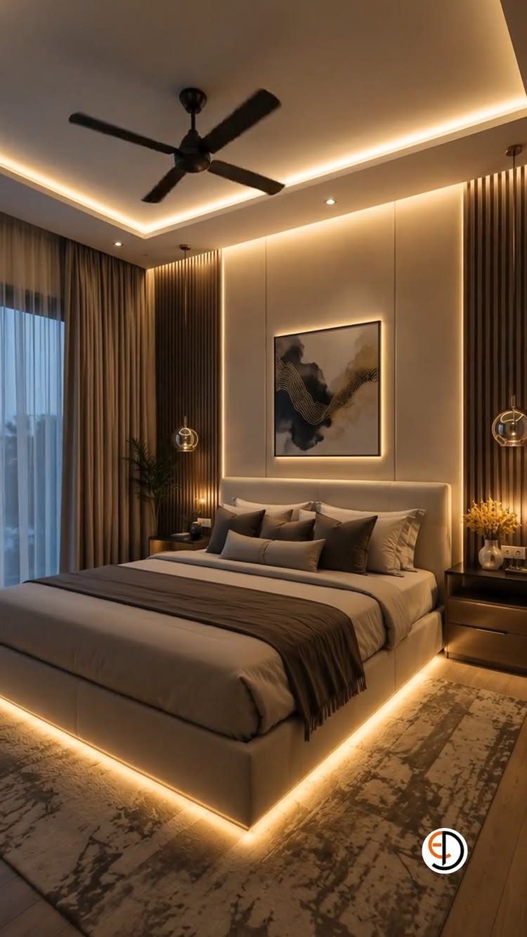 Modern bedroom with warm under-bed lighting, recessed ceiling lights, and backlit wall art.