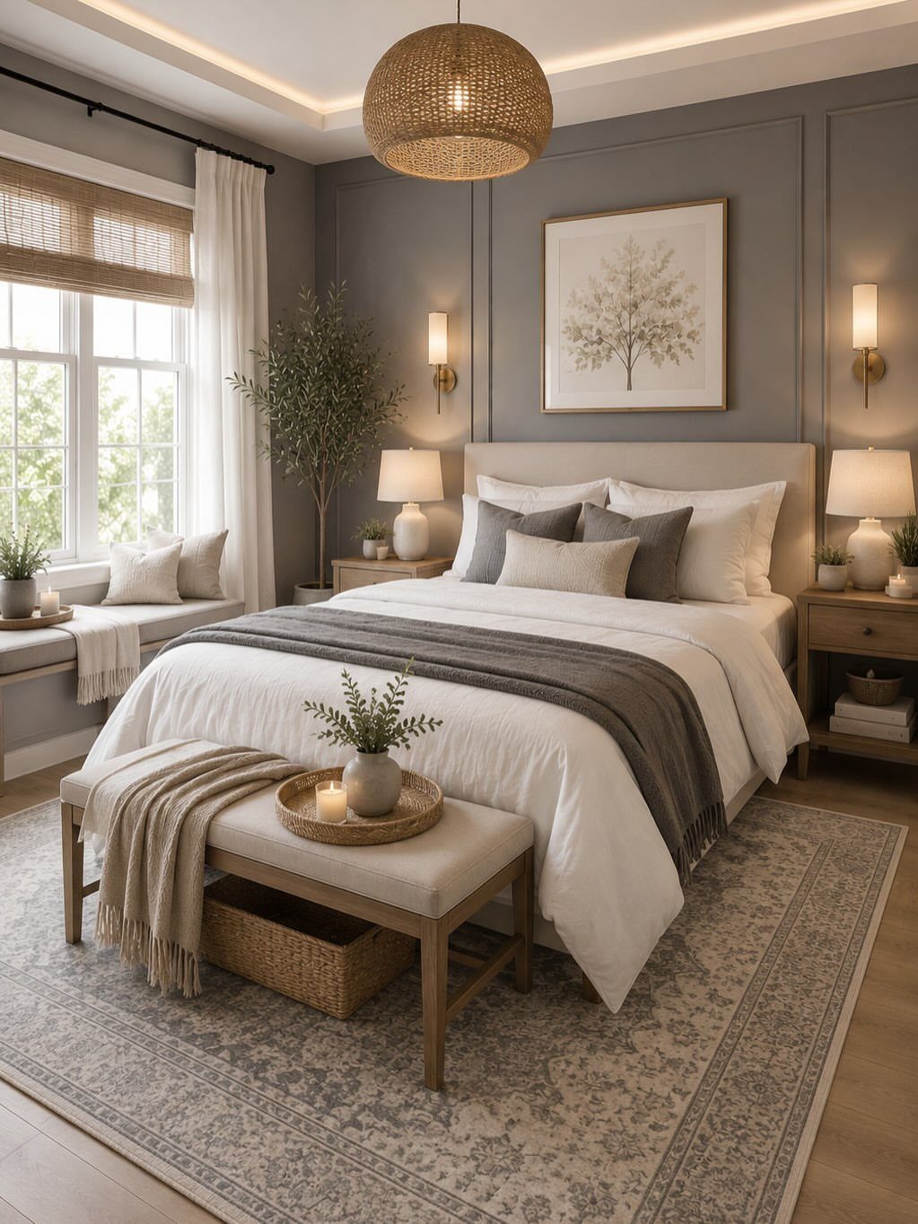 Bedroom featuring a mix of woven pendant, wall sconces, and bedside table lamps.