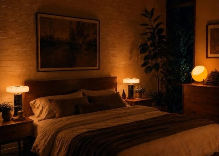 Bedroom with warm orange lighting from bedside lamps and a spherical dresser lamp.