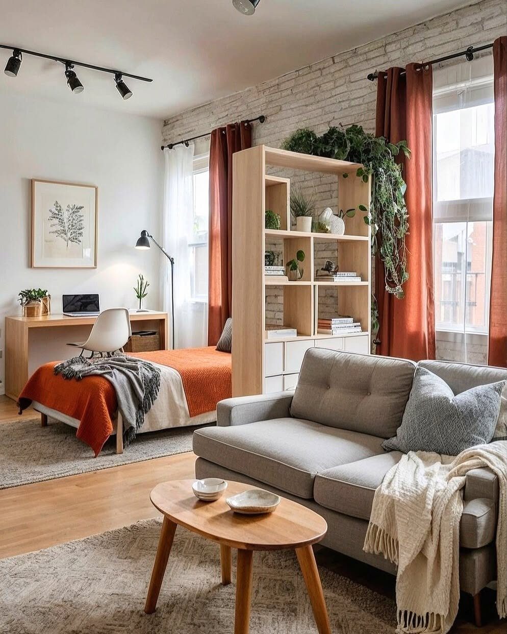 Studio apartment with a bookshelf room divider separating the living area from the bedroom.