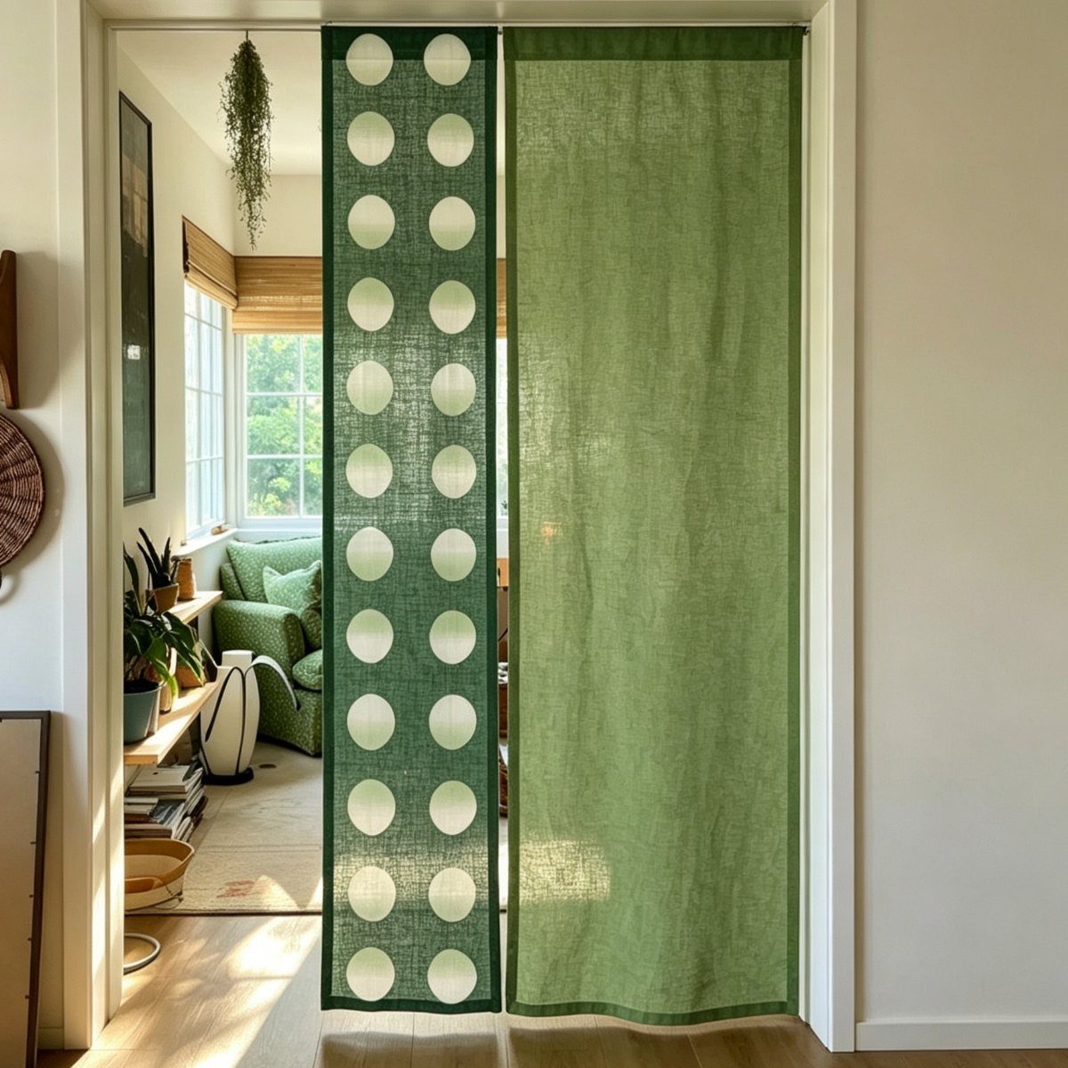 Green curtains with polka dots acting as a partition in a bright doorway